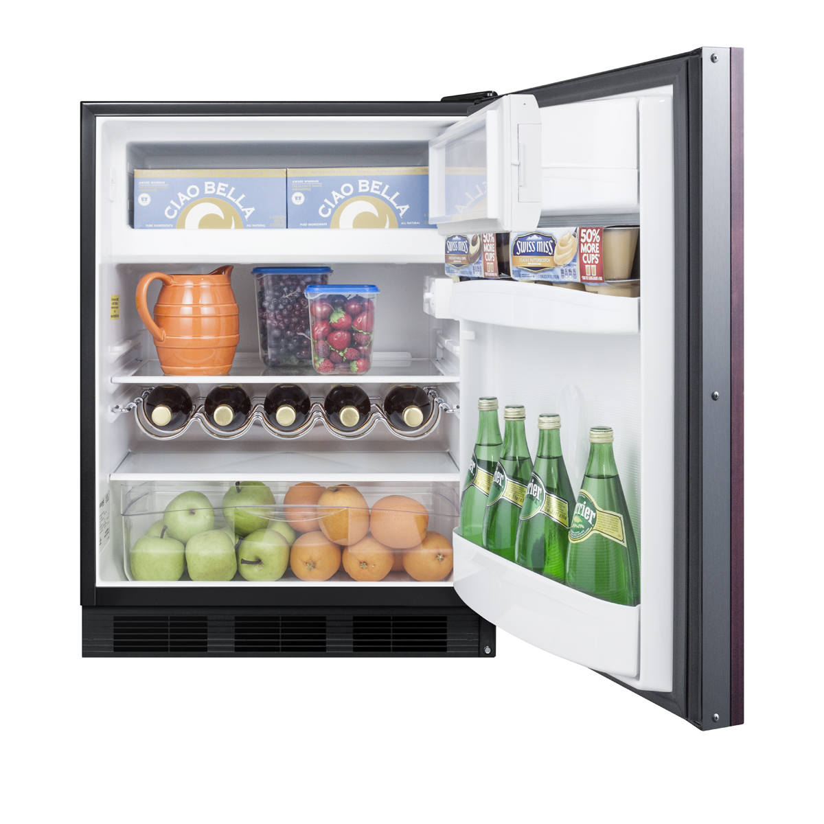 ADA compliant built-in undercounter refrigerator-freezer for residential use, cycle defrost with deluxe interior, panel-ready door, and black cabinet